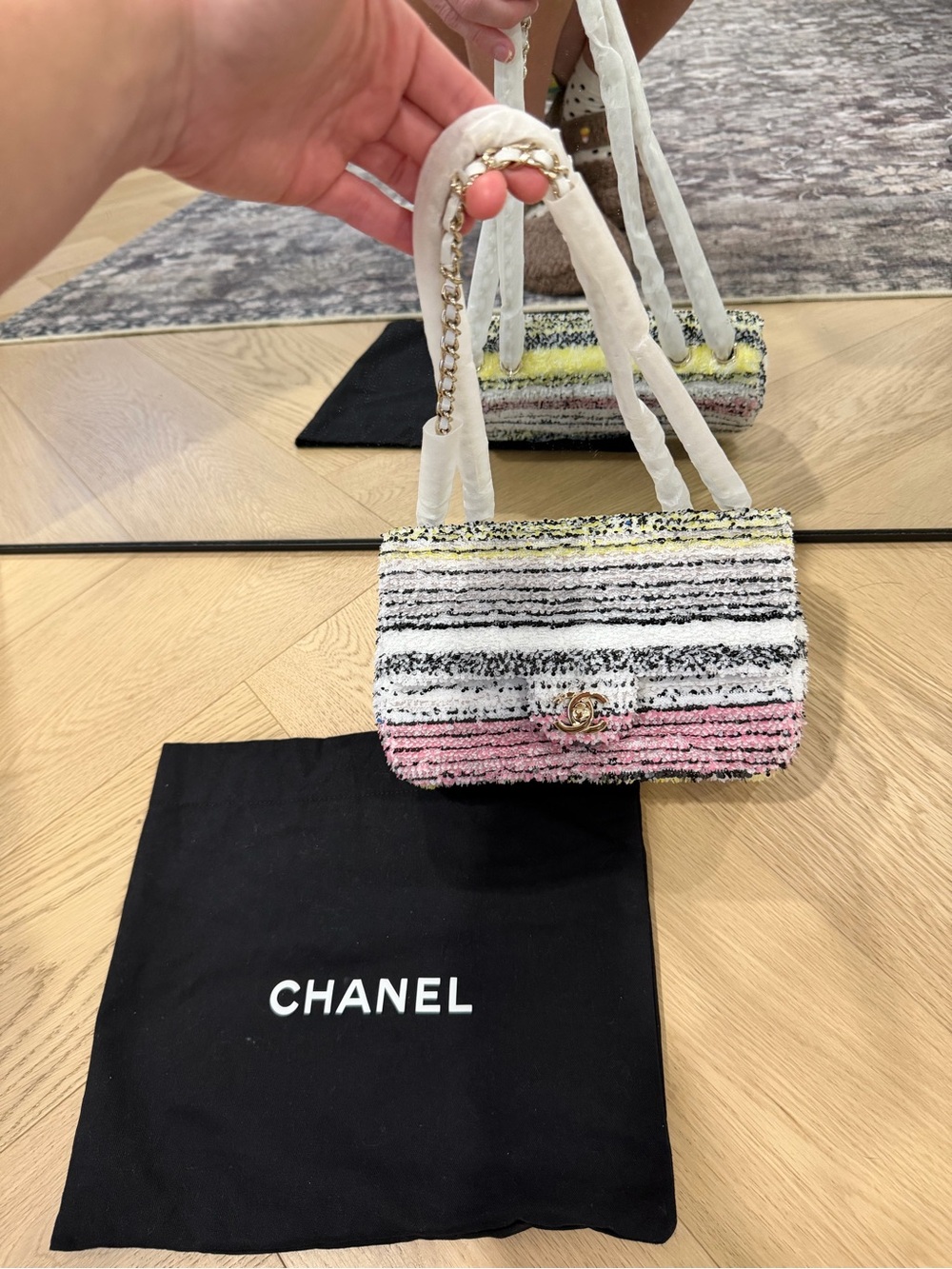 Designer Inspired Tweed Mini Crossbody Bag in Pink, White & Yellow